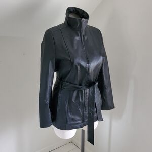 Croft & Barrow Black Leather Mockneck Jacket with Waist Belt
